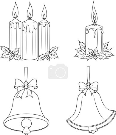 Coloring page set of Christmas bells and candles. Christmas colouring page