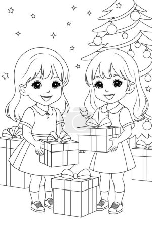 Coloring page children exchanging gifts with big smiles