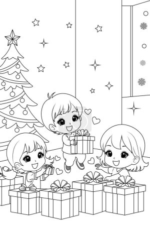 Coloring page children opening gifts with excitement.
