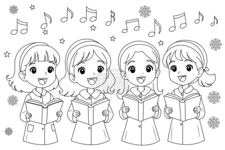 Illustration for Coloring page a group of children singing Christmas carols. - Royalty Free Image