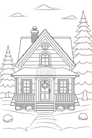 Téléchargez les illustrations : Coloriage une maison de Noël couverte de neige. - en licence libre de droit