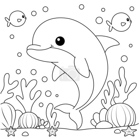 Cute dolphin with background coloring page for kids. Funny animal outline illustration