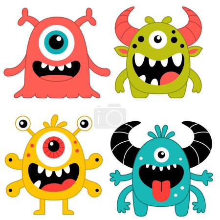 Frohes Halloween. Set von lustigen Monster bunte Silhouette. Nette Karikatur kawaii Baby-Figur. Augenhornzähne und Zunge.