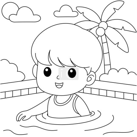 Lindo niño kawaii en la piscina Verano personaje de dibujos animados para colorear página vector ilustración