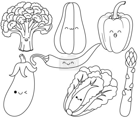 Set of Cute Kawaii Vegetable Asparagus, Romaine Lettuce, Bell Pepper, Chilli, Broccoli, Chayote, Eggplant, Cartoon Character Isolated Vector Illustration Coloring Page Hand Drawn for Kids