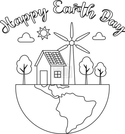 Cute earth day coloring page. Eco house, wind turbines, solar panels. Environment friendly home line concept with trees. 