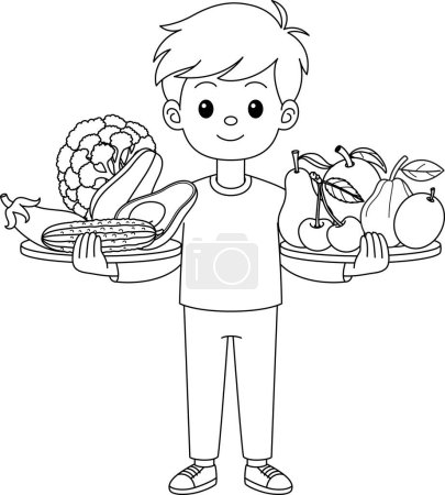Der Junge hält eine Malseite mit Obst und Gemüse. Pflanzliche Ernährung schützt die Umwelt. Umweltfreundliches Umweltkonzept zum Planeten oder zur Verringerung der globalen Erwärmung für verhaltensverantwortliches Essen