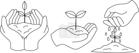 Conjunto de icono de mano que sostiene la planta y la planta de riego. El cuidado del concepto de entorno. Me encanta la Tierra. Página para colorear Día de la Tierra.
