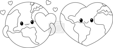 Cute kawaii cute earth with heat. Love Earth. Earth day coloring page.