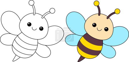 Cute kawaii cartoon character bee coloring page, vector printable worksheets for preschool.