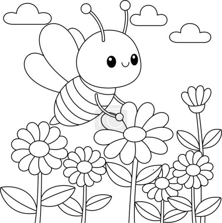 Lindo personaje de dibujos animados kawaii abeja en la página para colorear jardín de flores, hojas de trabajo imprimibles vectoriales para preescolar.