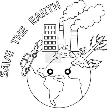 The earth with globe, power plant, wastepolluted and the slogan "save the earth" cute cartoon character coloring page for kids. Earth day line illustration with sad polluted planet. Environment friendly icon