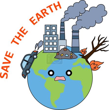 The earth with globe, power plant, wastepolluted and the slogan "save the earth" cute cartoon character. Earth day line illustration with sad polluted planet. Environment friend