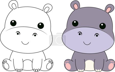 Téléchargez les illustrations : Mignon personnage de dessin animé kawaii hippopotame isolé sur fond blanc coloriage, feuilles de travail imprimables vectorielles pour l'école maternelle. - en licence libre de droit