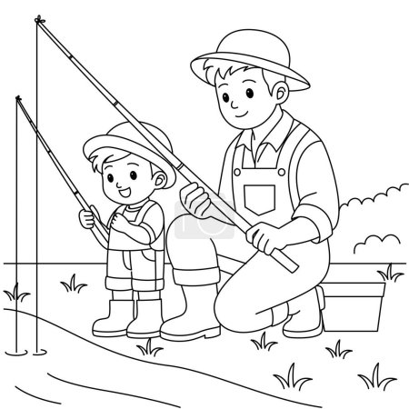 The father and son are fishing coloring page. Father day vector illustration 