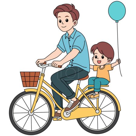 The father takes the child for a ride on the bicycle. Father day vector illustration 