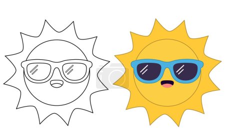 Téléchargez les illustrations : Mignon kawaii drôle soleil portant des lunettes de soleil avec heureux visage dessin animé personnage coloriage illustration vectorielle - en licence libre de droit