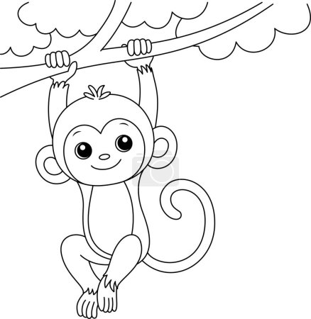Téléchargez les illustrations : Singe mignon accroché sur l'arbre dessin animé personnage coloriage illustration vectorielle. - en licence libre de droit