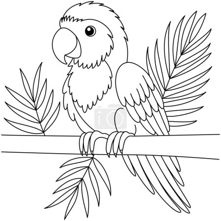 Téléchargez les illustrations : Perroquet mignon sur la branche arbre personnage de dessin animé coloriage illustration vectorielle. - en licence libre de droit