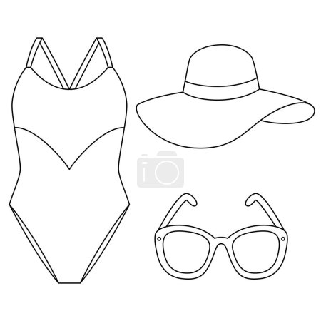 Women's summer clothes, hat and sunglasses outline icons set. Summer coloring page vector illustration