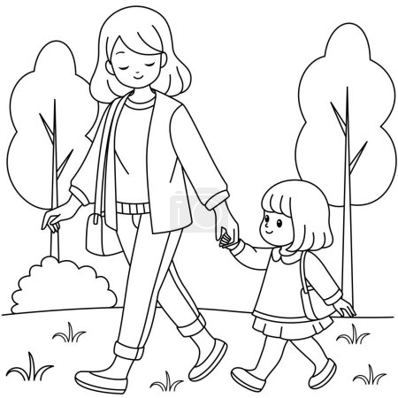 Mutter und Tochter spazieren gemeinsam im Hintergrund des Parks. Handgezeichnetes Malbuch zum Muttertag für Kinder