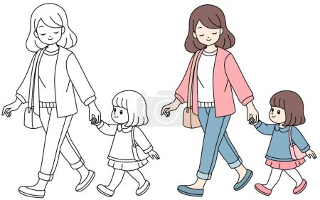 Mutter und Tochter gehen zusammen Malseite isoliert auf weißem Hintergrund. Handgezeichnetes Malbuch zum Muttertag für Kinder