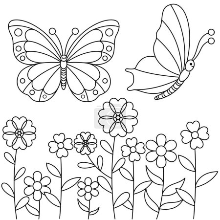 Téléchargez les illustrations : Mignon kawaii papillons personnage de dessin animé coloriage illustration vectorielle dans le fond du jardin de fleurs. Page de coloration animale pour enfants - en licence libre de droit