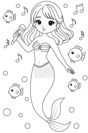 Hand-drawn illustration of kawaii mermaid princess is singing coloring page for kids and adults. Mermaid colouring book