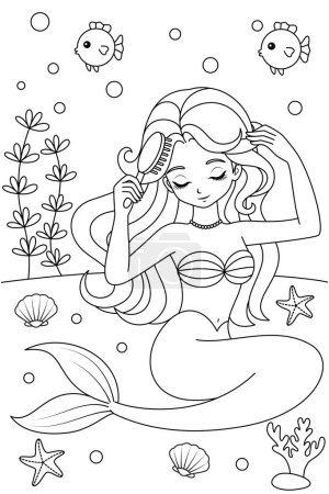 Illustration for Hand-drawn illustration of kawaii mermaid princess is brushing hair coloring page for kids and adults. Mermaid colouring book - Royalty Free Image