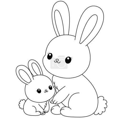 Illustration for Cute kawaii bunny and baby cartoon character coloring page vector illustration. Pet animal, mothers day colouring page for kids - Royalty Free Image