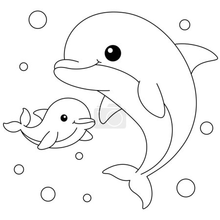 Cute kawaii dolphin and baby cartoon character coloring page vector illustration. Sea animal, mothers day colouring page for kids