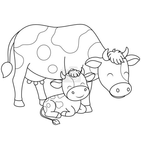 Niedliche Kawaii-Kuh und Baby-Cartoon-Figur Malvorlagen Vektor-Illustration. Nutztiere, Muttertag Malseite für Kinder