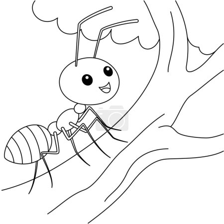 Cute kawaii ant on the tree cartoon character coloring page vector illustration. Wild animal, insect colouring page for kids