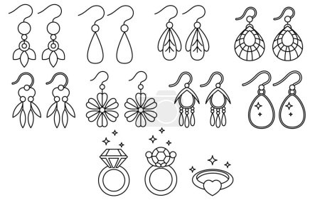 Conjunto de accesorios de moda pendientes, anillo doodle página para colorear aislado sobre fondo blanco