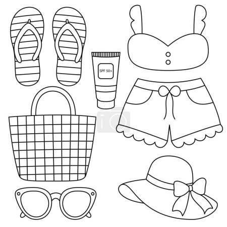 Set of fashion summer outline doodle coloring page isolated on white background. Summer coloring book for kids