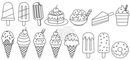 Téléchargez les illustrations : Ensemble de crème glacée contour page de coloration doodle isolé sur fond blanc. Livre de coloriage d'été pour enfants - en licence libre de droit