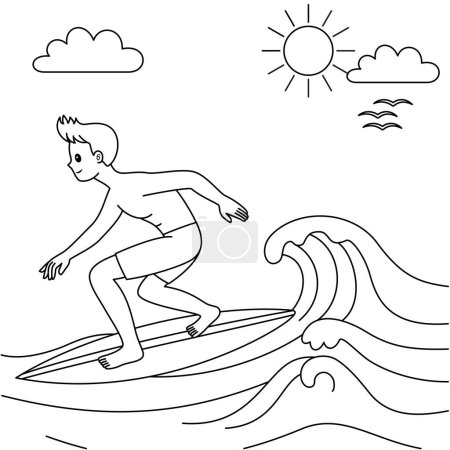 Summer surfer coloring page for kids. Summer outline doodle colouring page isolated on white background. Summer coloring book for kids 