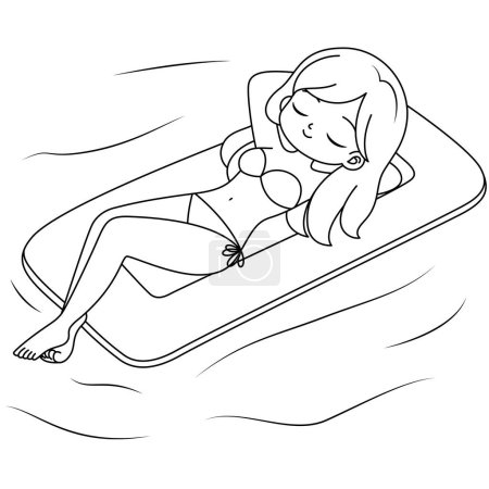 The girl sunbathe in the pool coloring page for kids. Summer outline doodle colouring page isolated on white background. Summer coloring book for kids 