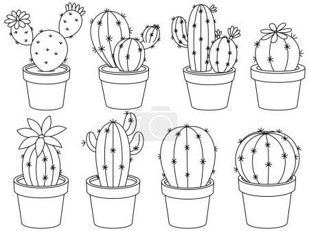 Téléchargez les illustrations : Ensemble de coloriage de cactus pour les enfants. Plan de la plante page de coloration doodle isolé sur fond blanc. Livre de coloriage d'été pour enfants - en licence libre de droit
