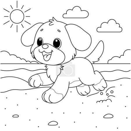 Cute dog is running on the beach coloring page for kids. Summer outline doodle colouring page isolated on white background. Animal, pet coloring book for kids 