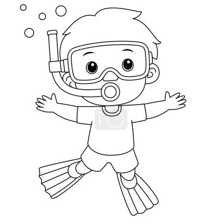Little boy swimming, diving in the sea coloring page for kids, summer colouring page 