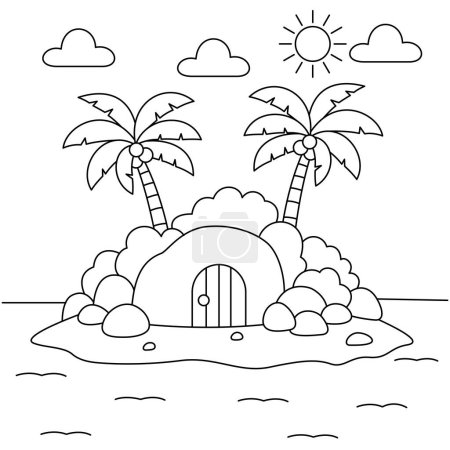 Página para colorear isla para niños. Esquema de verano doodle colorear página aislada sobre fondo blanco. Libro para colorear de verano para niños 