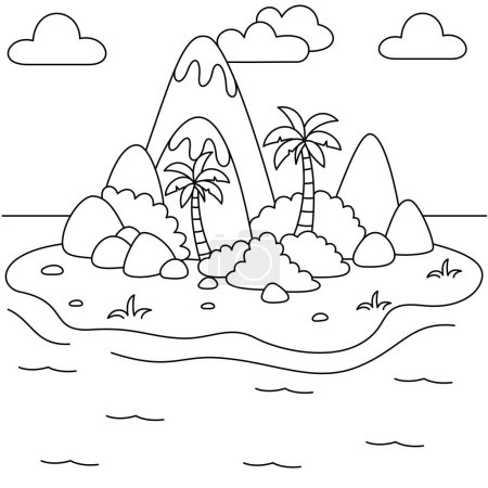 Island coloring page for kids. Summer outline doodle colouring page isolated on white background. Summer coloring book for kids 