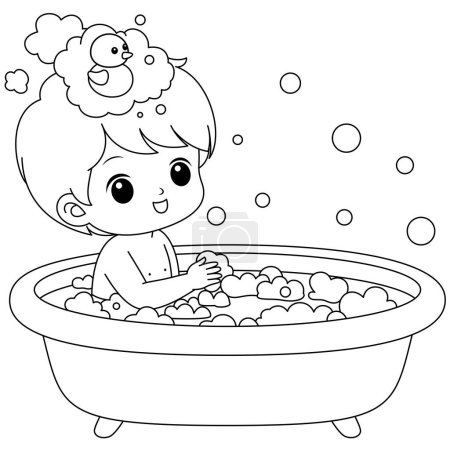 Baby boy in bathroom taking a shower coloring page clipart cartoon character. Child doing daily routine vector illustration.