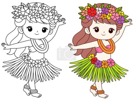 Cartoon character of cute summer hula dancer girl hawaii coloring page for kids. Summer holiday vector illustration