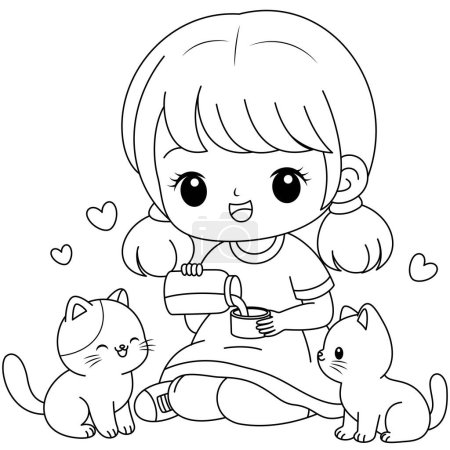 Baby girl feeding milk to cat coloring page clipart cartoon character. Children day vector illustration.