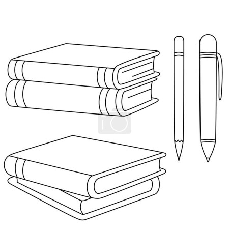 Books and pen isolated on white background coloring page for kids. School supplies, stationery, Collection of design elements