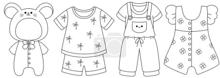 Set von niedlicher Babykleidung Malseite für Kinder isoliert auf weißem Hintergrund. Schwarz-weiße Färbung für Vorschulkinder. Vektor-Illustration, handgezeichnete Umrisse