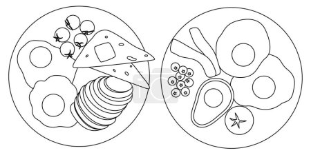 Essen Sie sauberen Teller, Salat Malseite für Kinder isoliert auf weißem Hintergrund. Lebensmittel schwarz-weiße Färbung für Vorschulkinder. Vektor-Illustration, handgezeichnet 