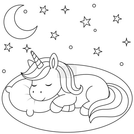 Cute kawaii unicorn sleeping coloring page for kids. Animal outline doodle colouring page isolated on white background. Wild animal coloring book for kids 